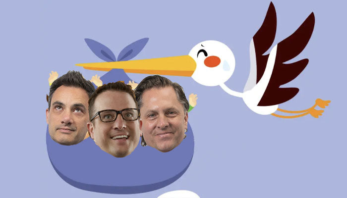 llustration of a stork holding a bag featuring caricature heads of Rich Mazel, Barry McLaughlin, and Jason Lautenschleger, representing the partnership between All 4 Fun Toys and Barry & Jason Games.