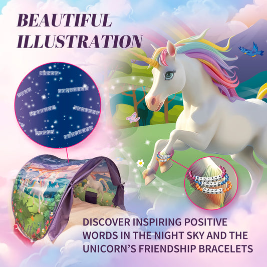 Child reading under a purple unicorn-themed Dream Tent bed canopy.