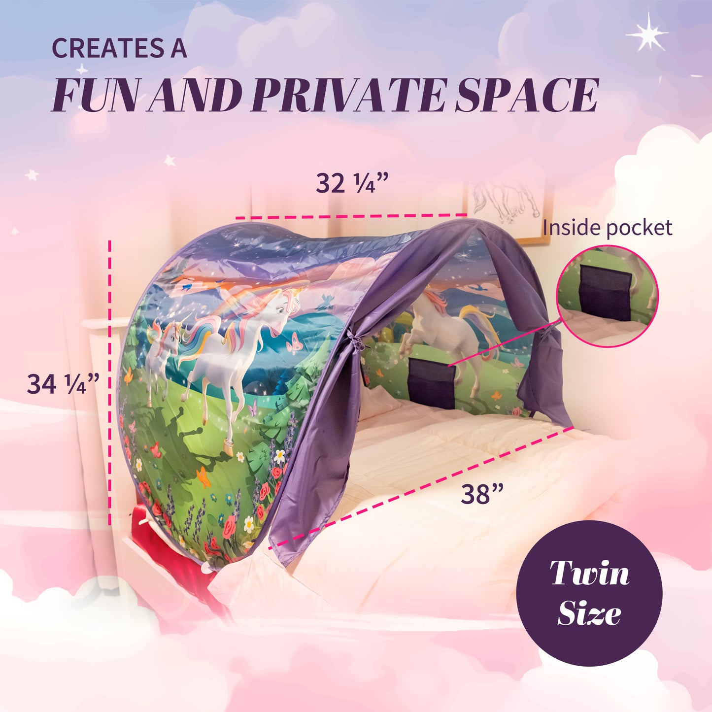 Size and dimensions for the Magical Kids Bed Canopy. Shows tie back flaps this twin bed tent for girls and boys is ideal for reading with an inside storage pocket.