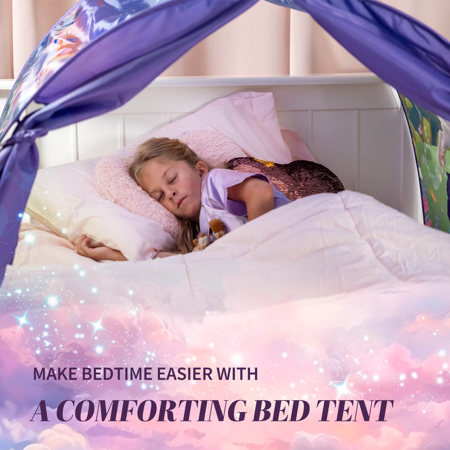 A young girl laying in bed under the Dream Tent