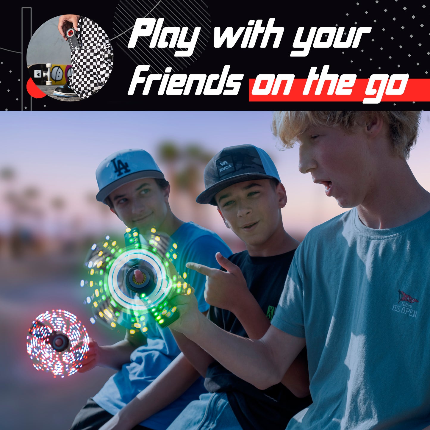 Kids playing with light up fidget spinner on finger.